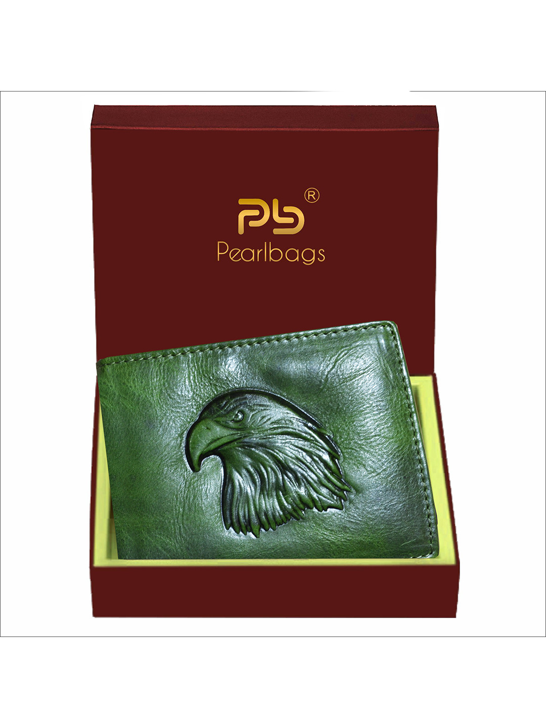 PB Pearlbags Men Genuine Leather Bi- Fold 6 Card Slots Eagle Engraved Wallet