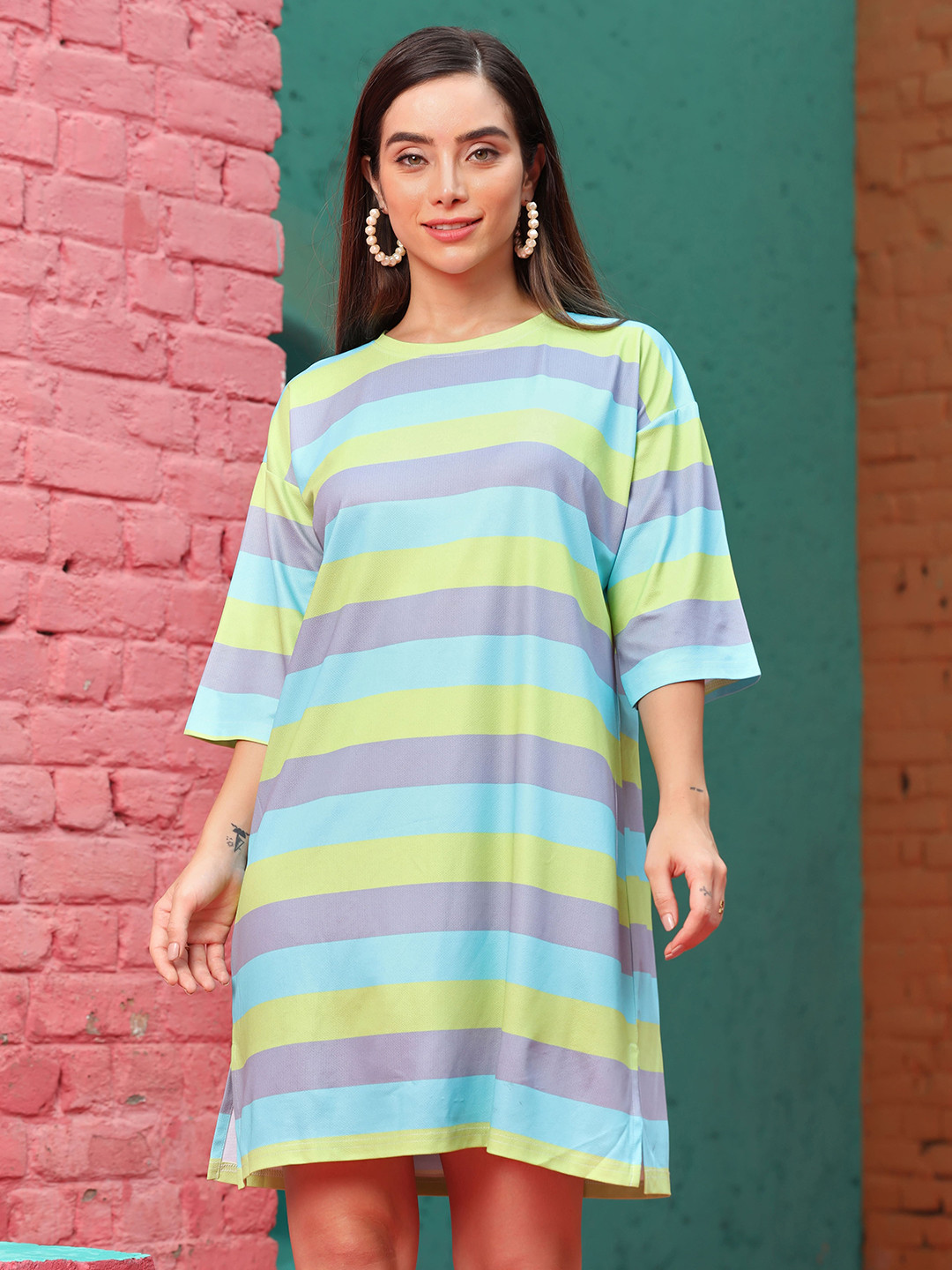 M&H Easy Women Striped Drop Shoulder Sleeves T-shirt Dress