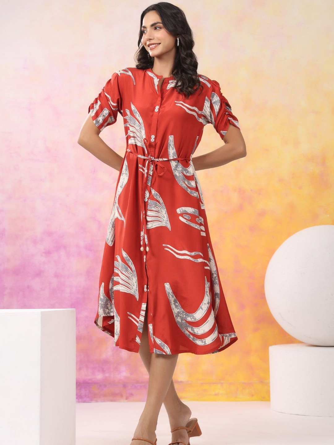 KALINI Women Rust Printed Silk Fit and Flare Dresses