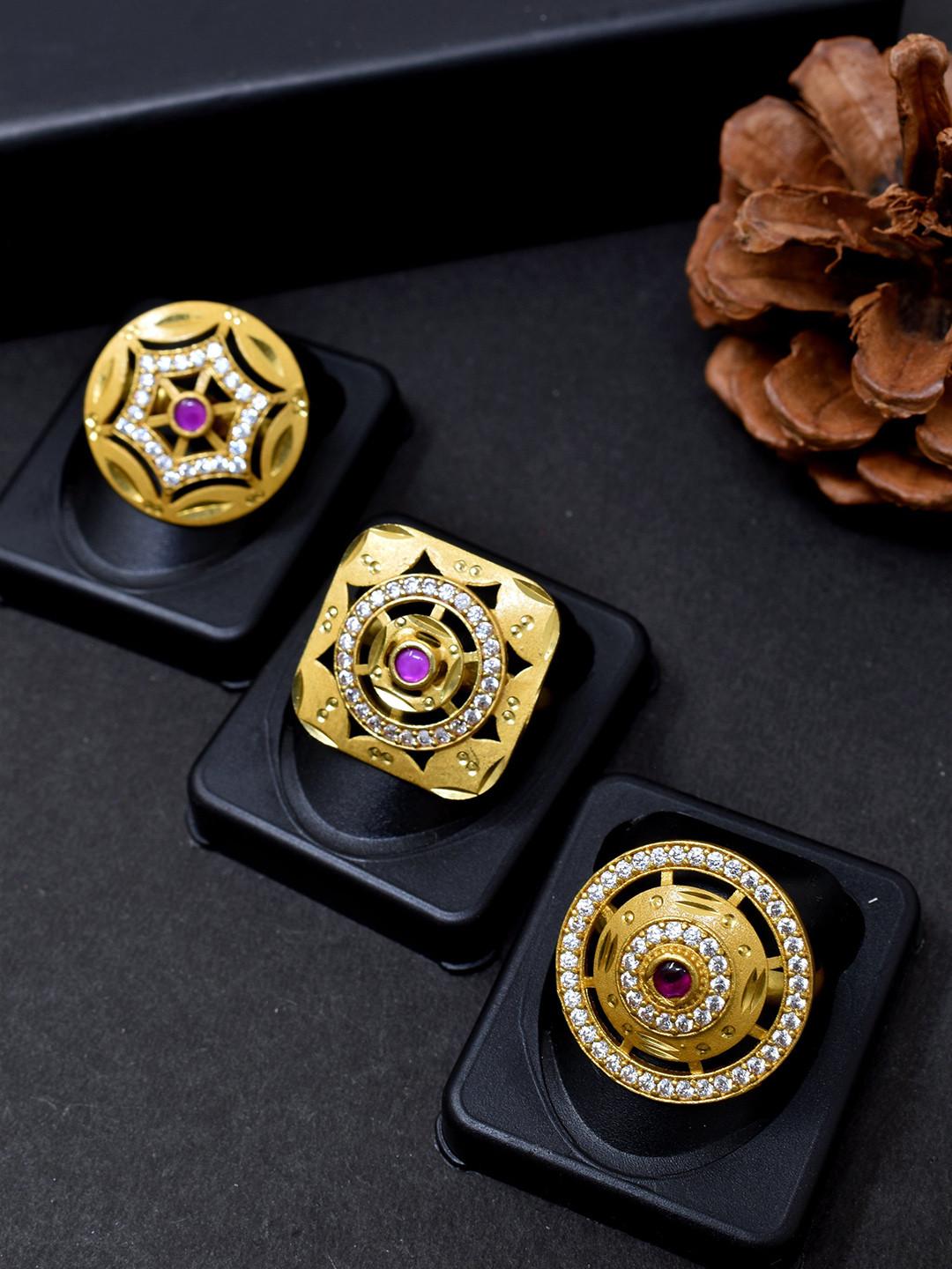 MEIRA JEWELLERY Set Of 3 Gold-Plated American Diamond Studded Adjustable Finger Rings