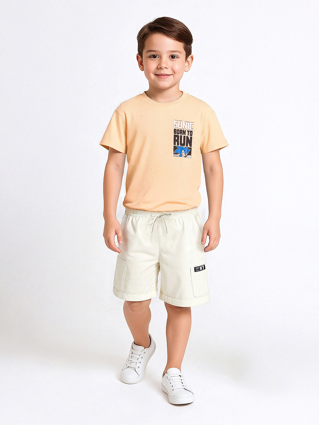 max Boys Ivory Regular Fit Mid-Rise Cotton Cargo Shorts