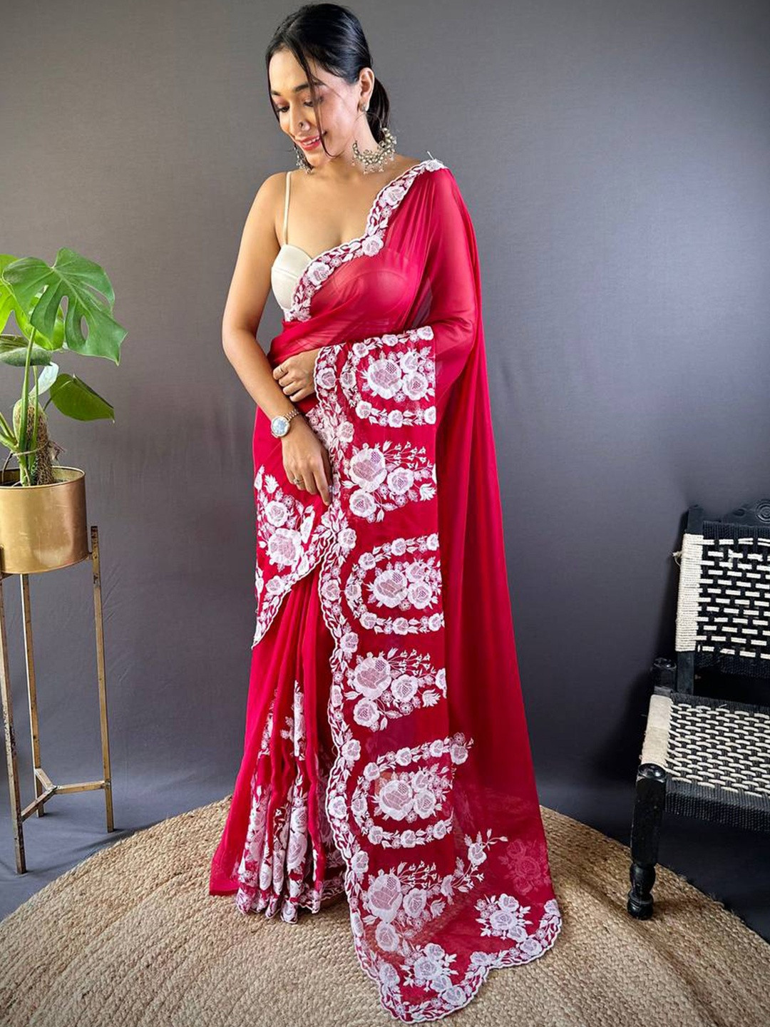 Anouk Maroon Embroidered Organza  Sarees