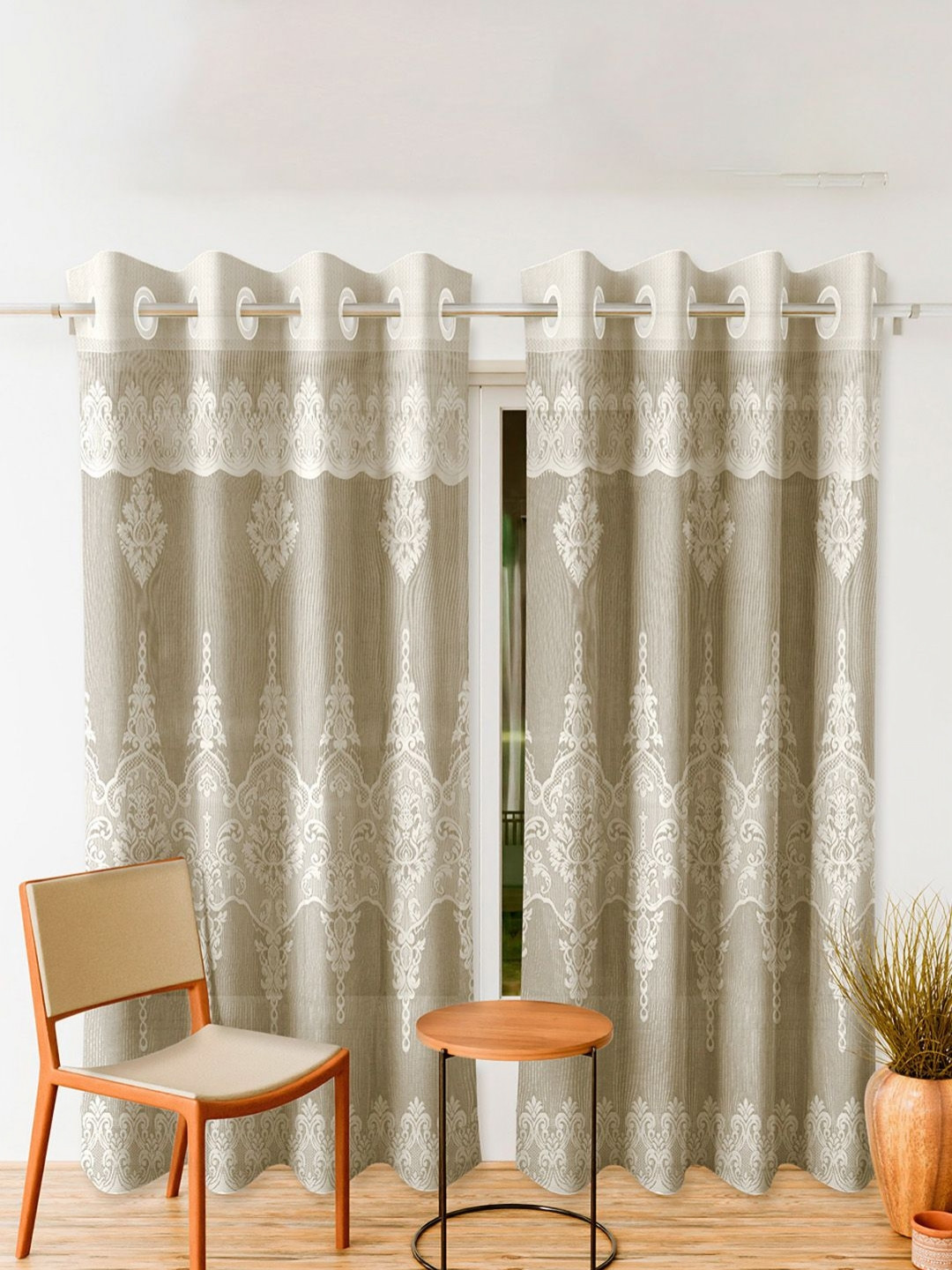 Aura Cream & White 2 Pieces Ethnic Motifs Printed Regular Cotton Door Curtains