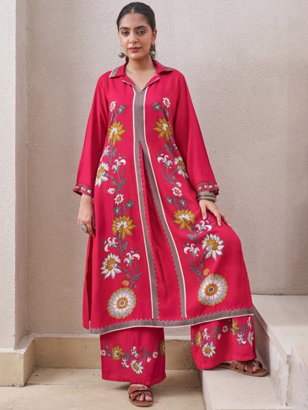 AUTUMN LANE Women Sonpal Rose Floral Printed Regular Pure Cotton Kurta with Palazzos