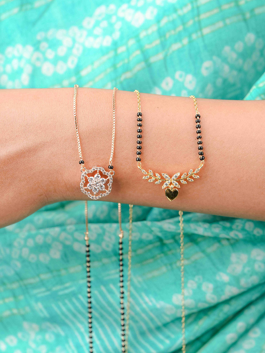 Zeraki Jewels Nora & Flower Set of 2 Gold-Plated Solitaire Diamond Studded Mangalsutras