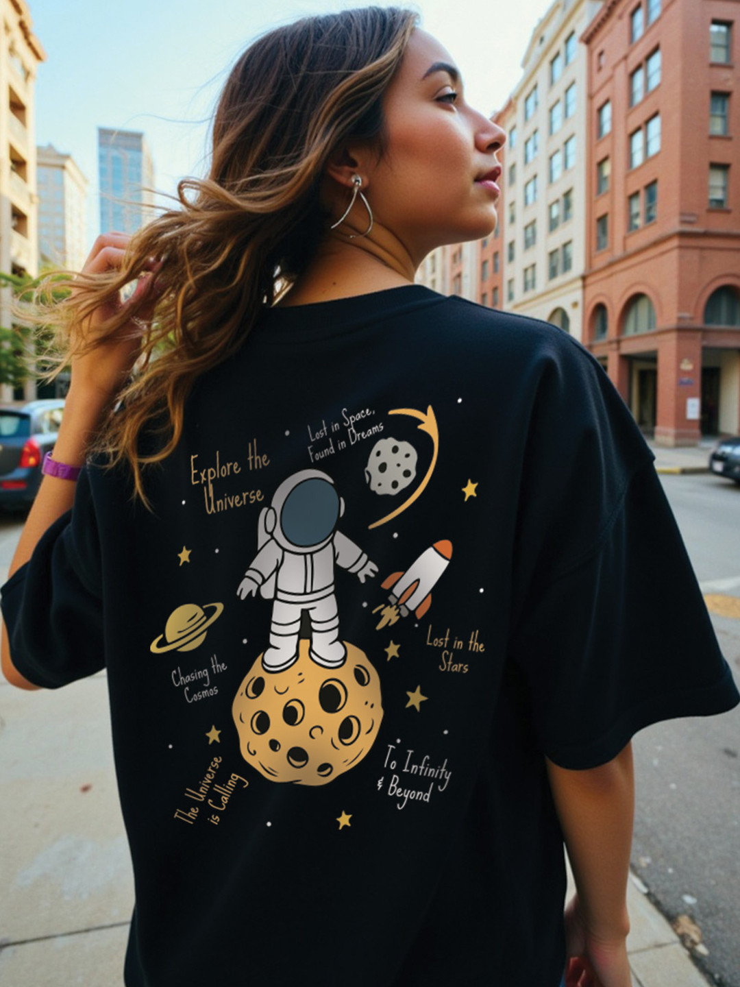 Mad Over Print Space Graphic Printed Drop-Shoulder Sleeves Cotton Oversized T-shirt