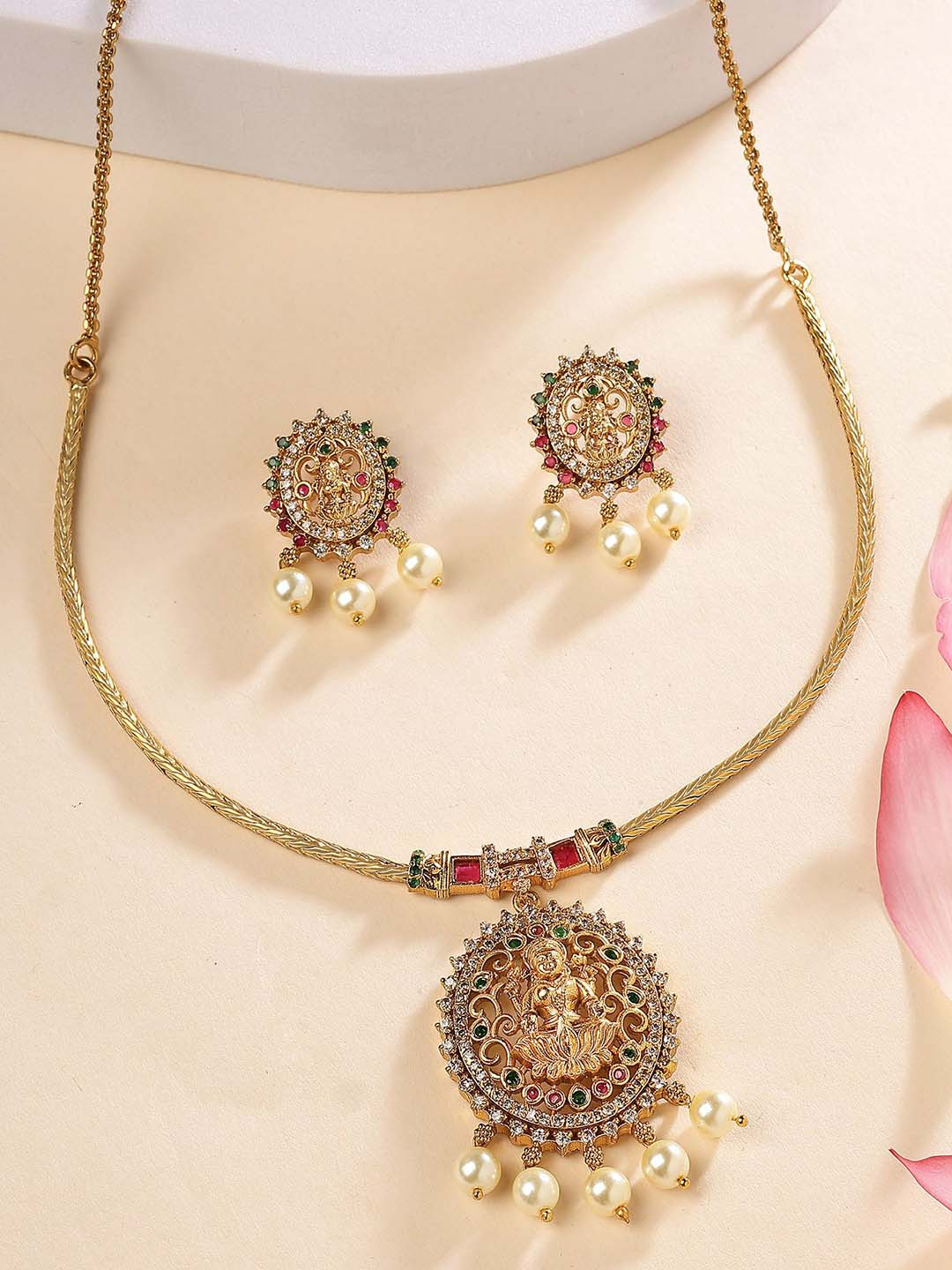 KARATCART Women Gold-Plated Lightweight Laxmi Temple Necklace & Earrings Jewellery Set