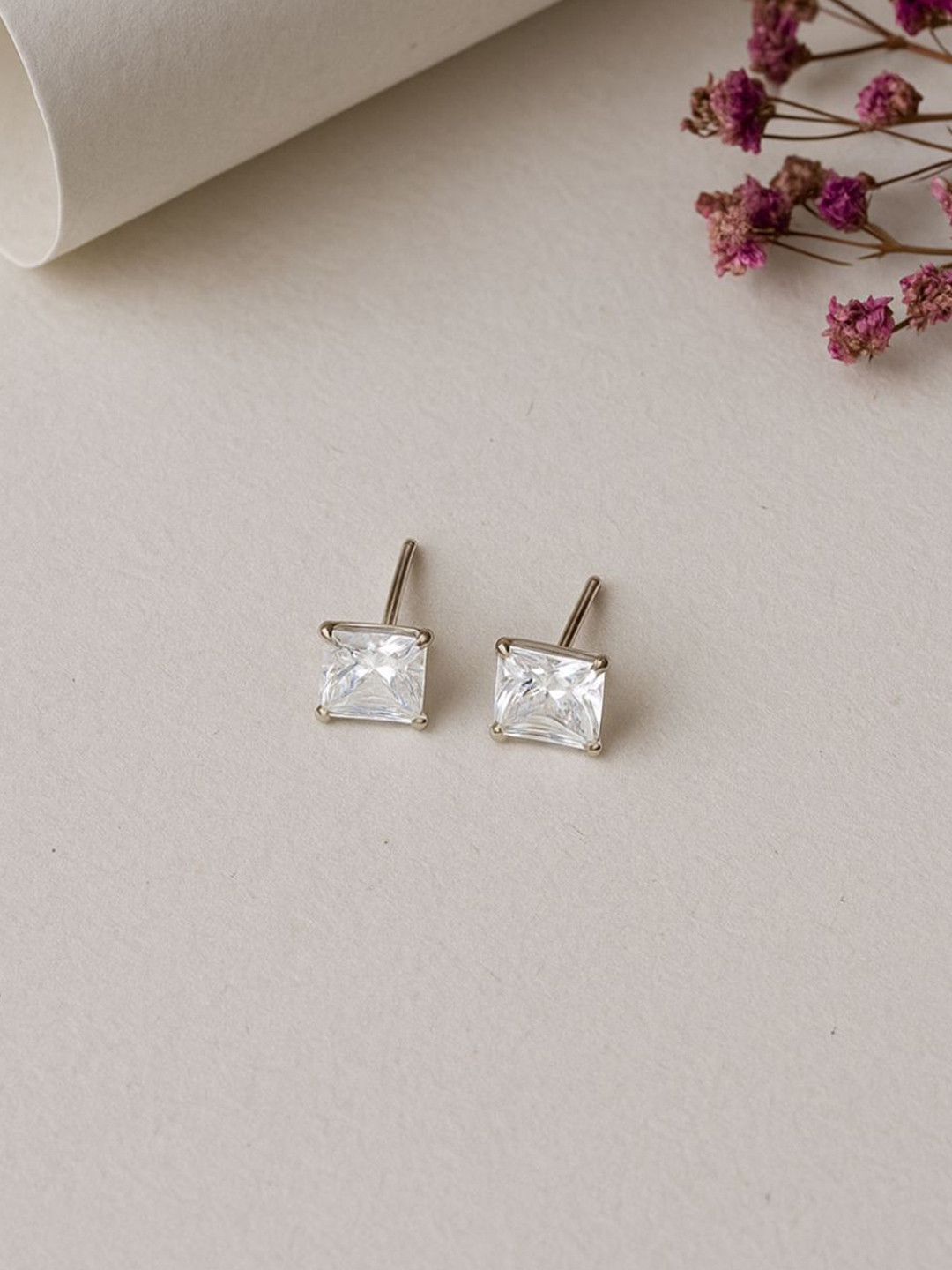 The Jewellery Tale Stainless Steel Silver-Plated Cubic Zirconia Studded Square Studs