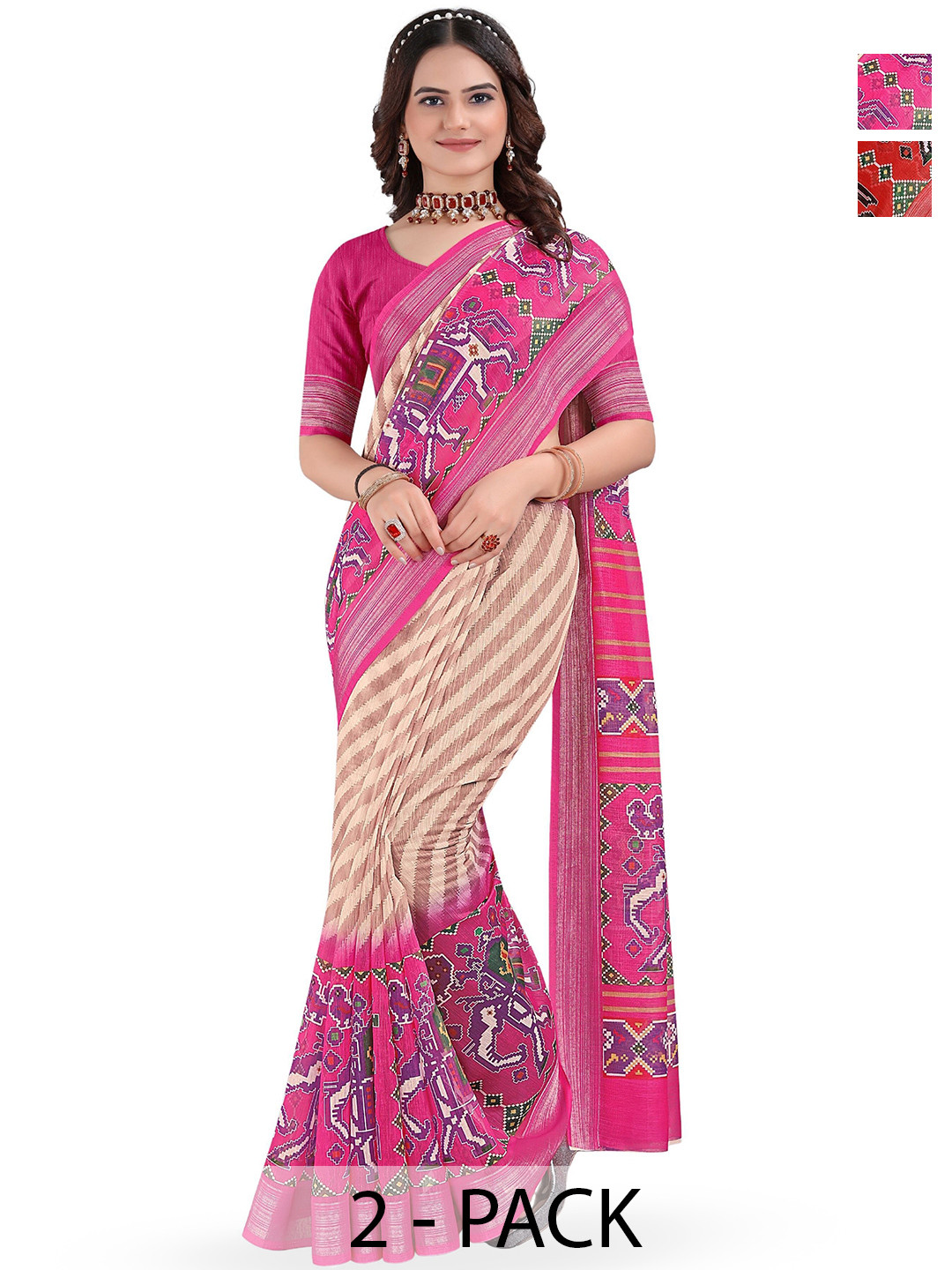 Kemza Pack Of 2 Striped Patola Saree