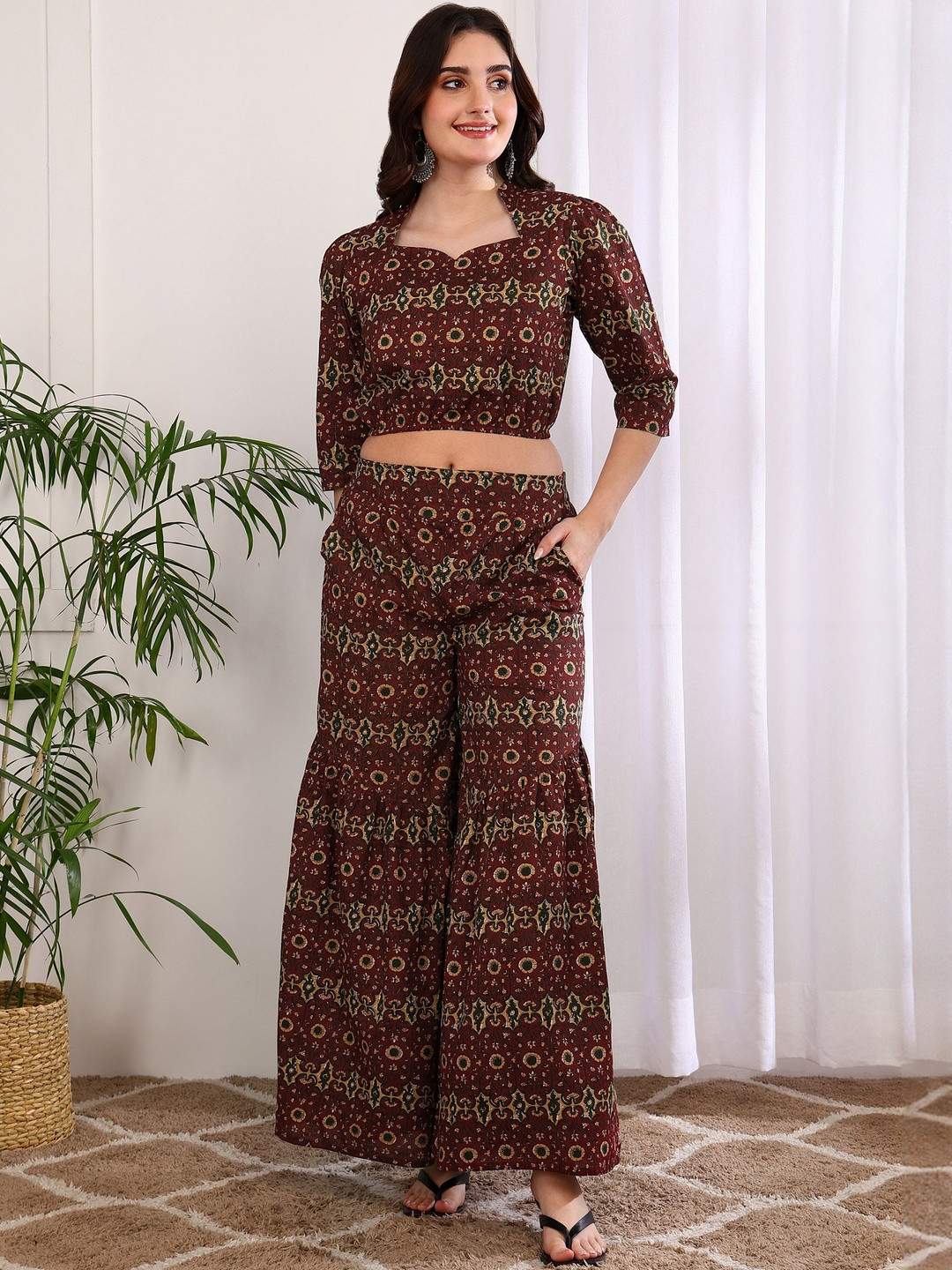 YASH GALLERY Women Maroon Printed Boat Neck Cotton Crop Top With Flared Pants Co-Ord Set