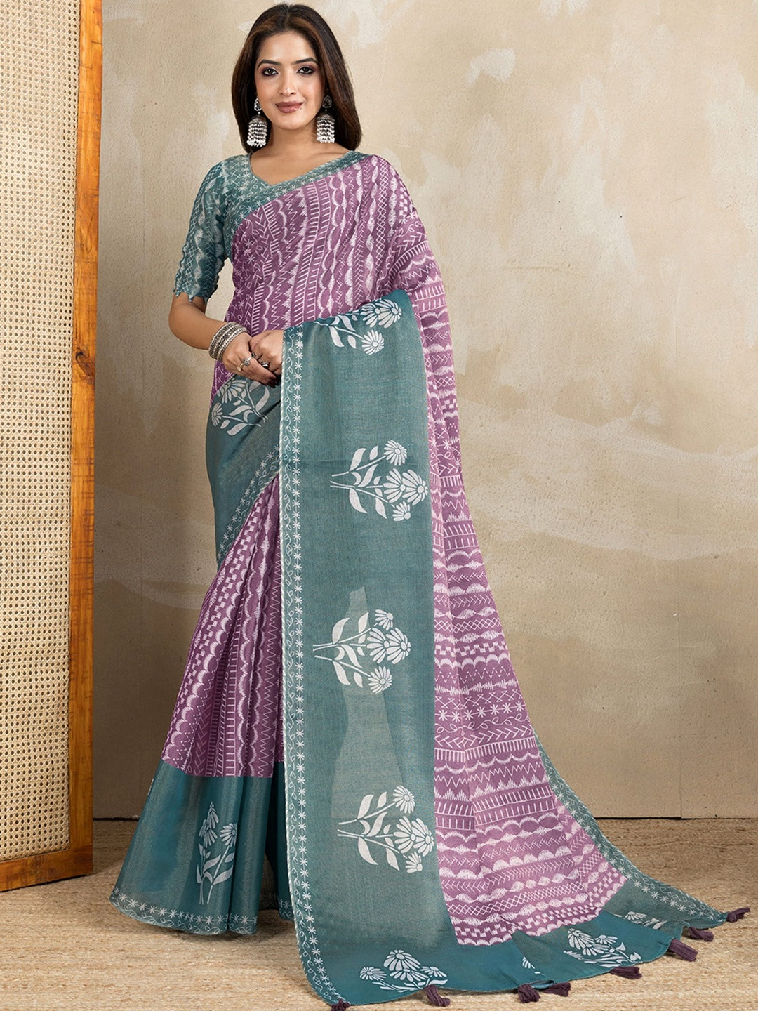 KALINI Pink Printed Art Silk Block Print Sarees