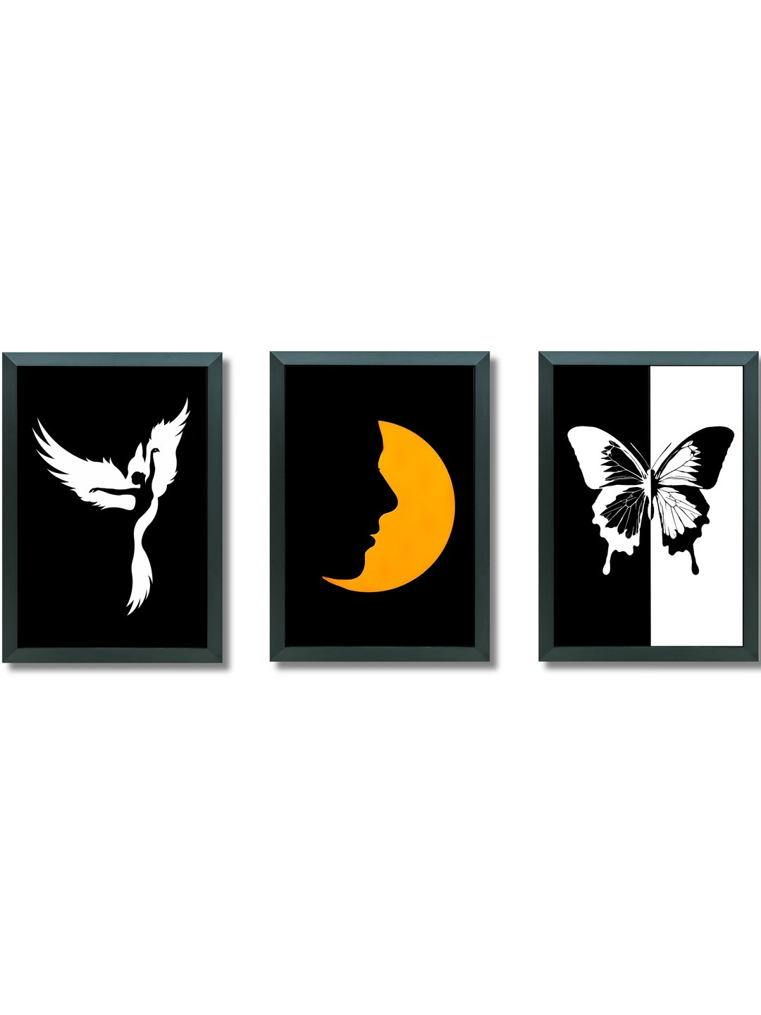 Aisha Decorz White & Black Set of 3 Wooden Birds & Butterfly Themed Wall Paintings