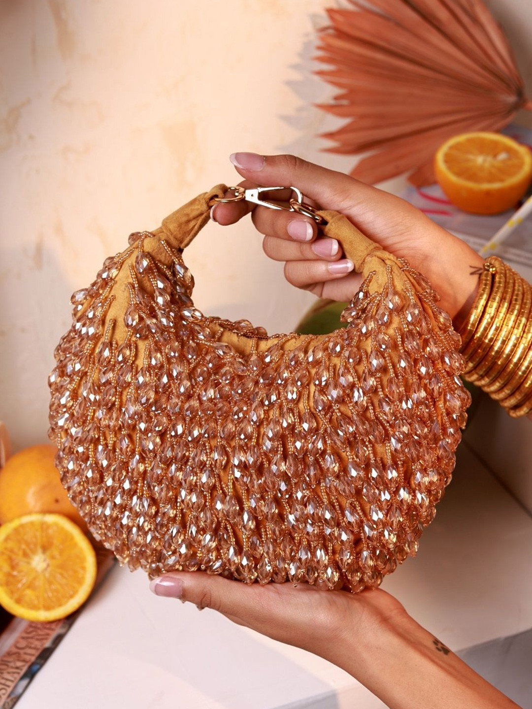 THE TAN CLAN Embroidered  Suded Half Moon Clutch