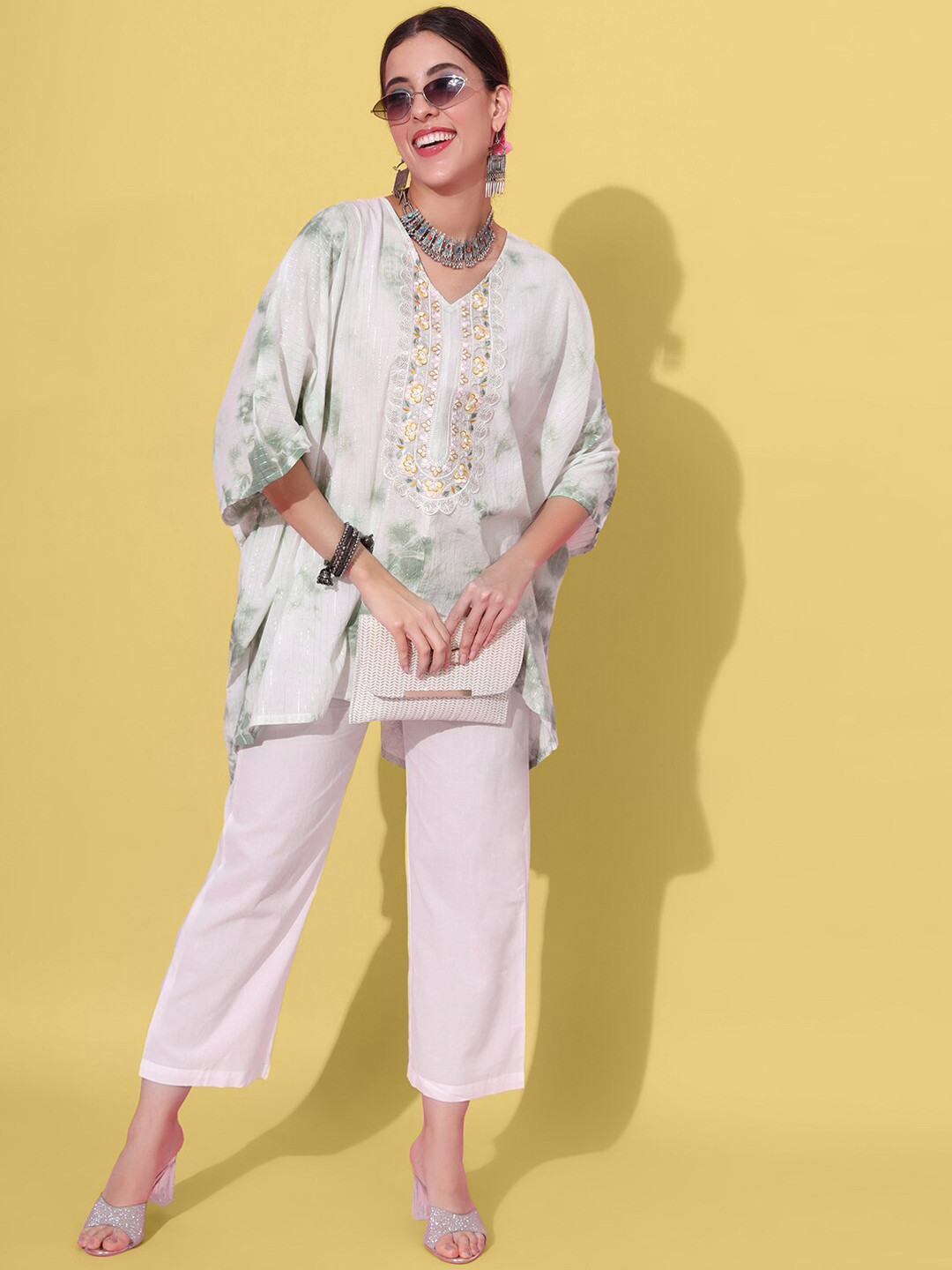 JAIPUR PRIME Embroidered V-Neck Pure Cotton Kaftan Top With Trouser