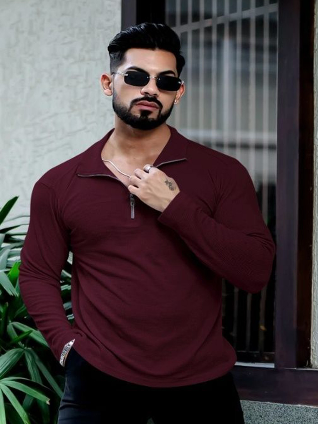 HOODLER Men Solid Polo Collar Cotton T-shirt