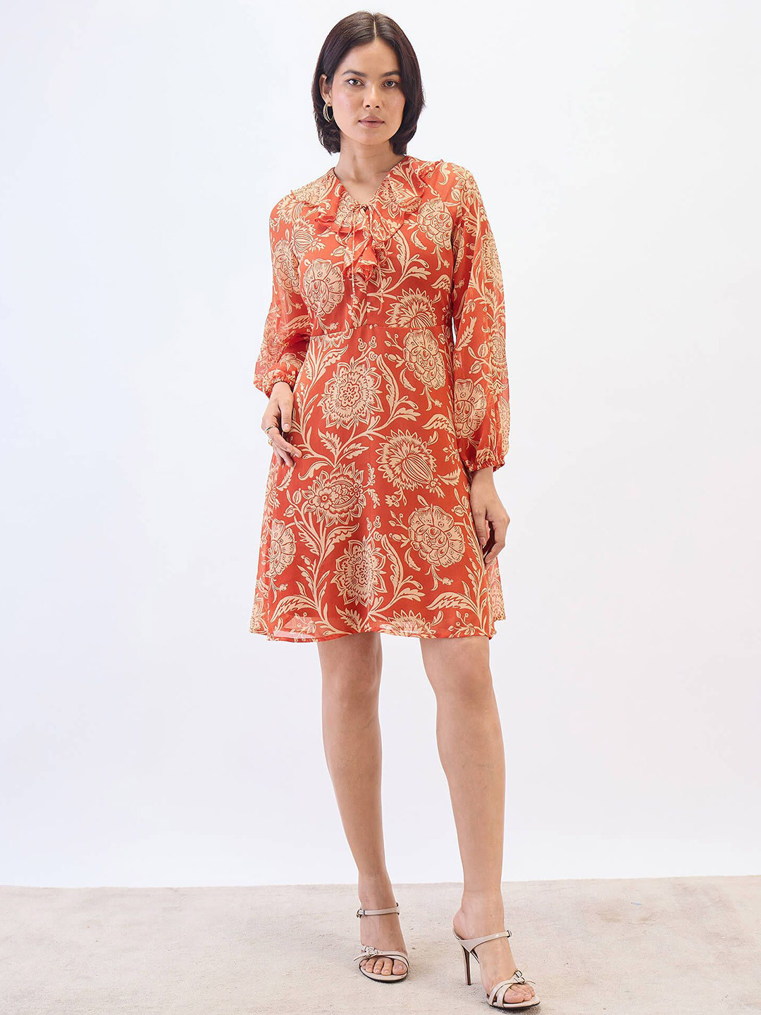 SALT ATTIRE Regina Women Floral Printed V-Neck Puff Sleeves Ruffles Fit And Flare Dress