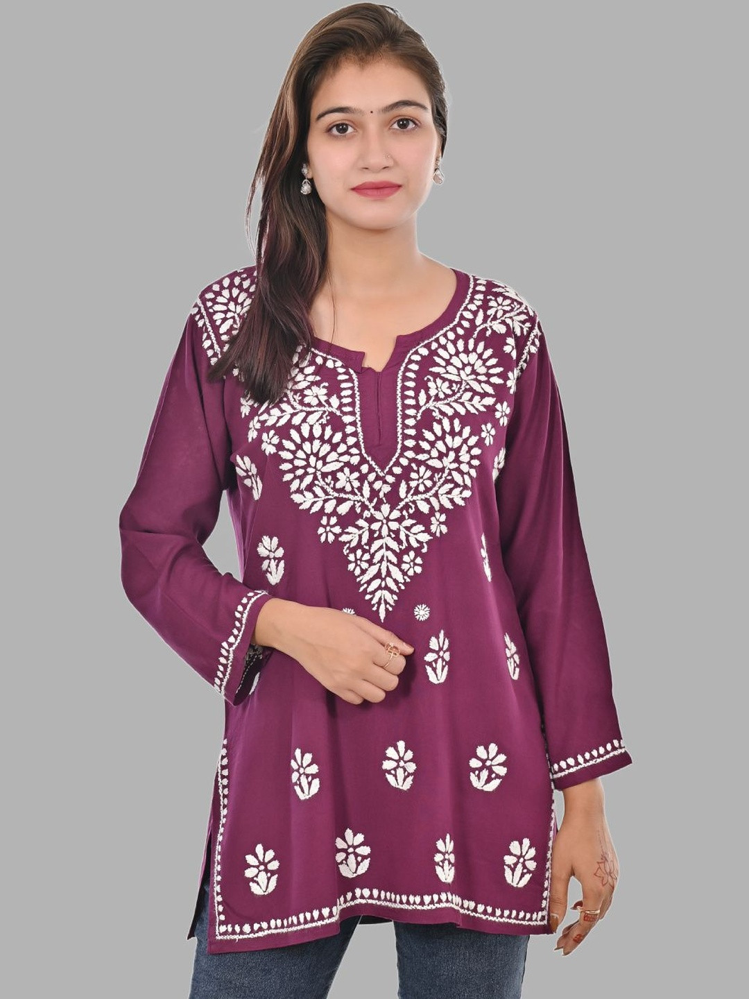 MALABIS Women Wine Viscose Rayon Chikankari Embroidered V-Neck Kurti