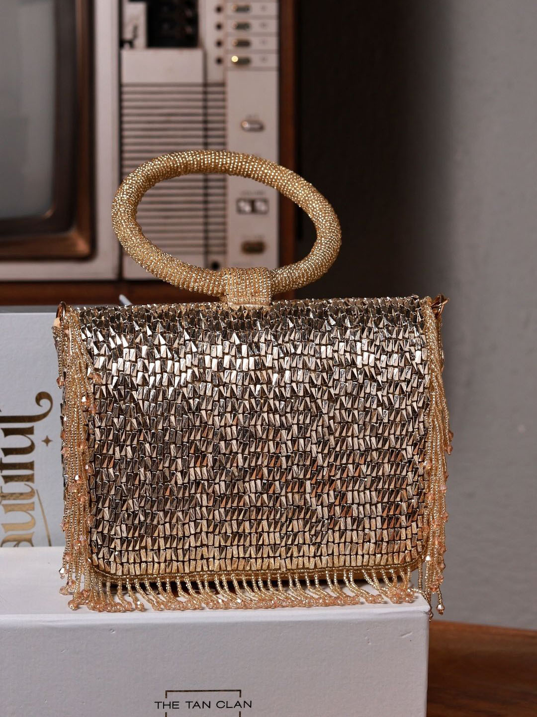 THE TAN CLAN Embroidered Suede Foldover Clutch