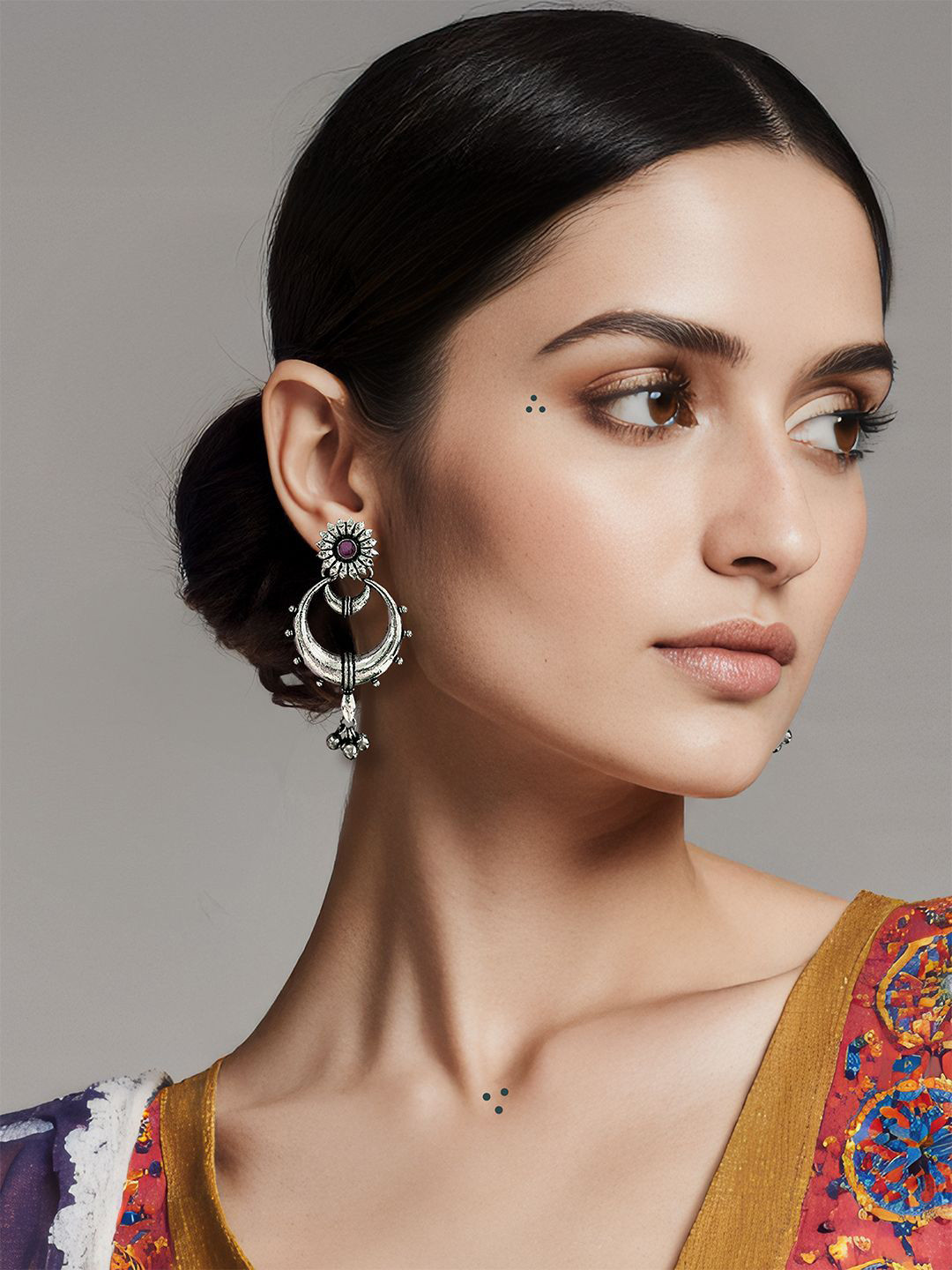 Kalakrith Milano German Silver Crystals Studded & Ghungroo Oxidised Floral Drop Earrings