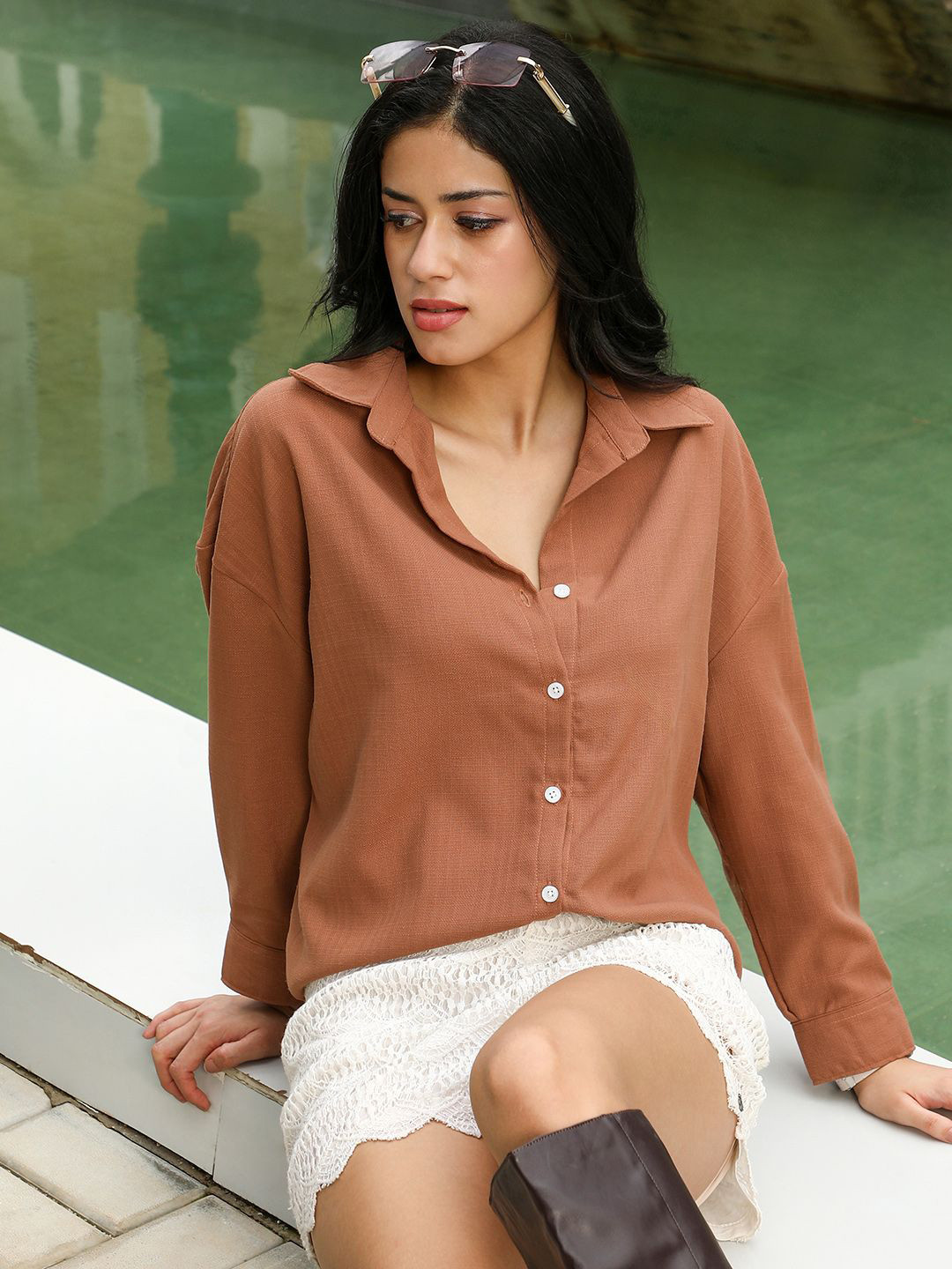 PINACOLADA Women Comfort Oversized Fit Solid Spread Collar Cotton Casual Shirt