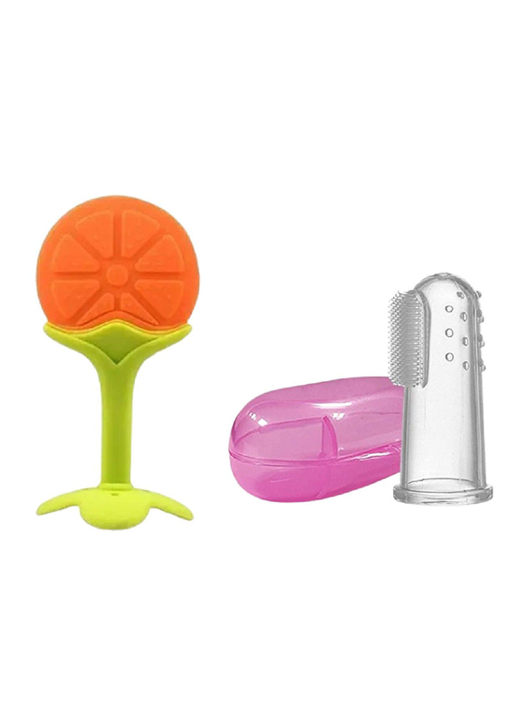 Kalra Magic Infants 2Pc Orange-Colored & Transparent Fruit Teether With Finger Brush