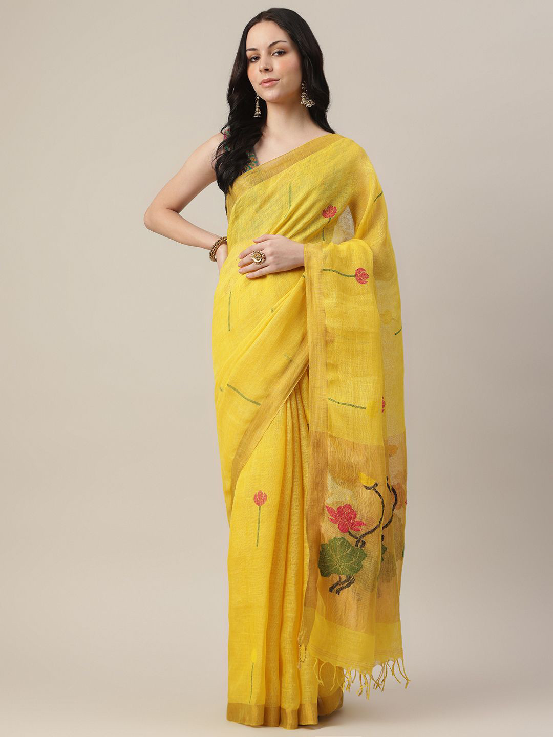 SAREESHADOW Gulnaar Basant Pure Linen Handwoven Saree