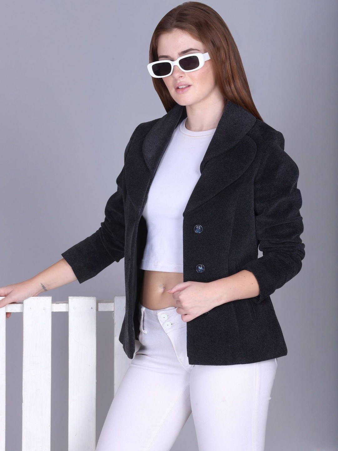 Roadster Womens Wool Solid Single-Breasted Black Blazers