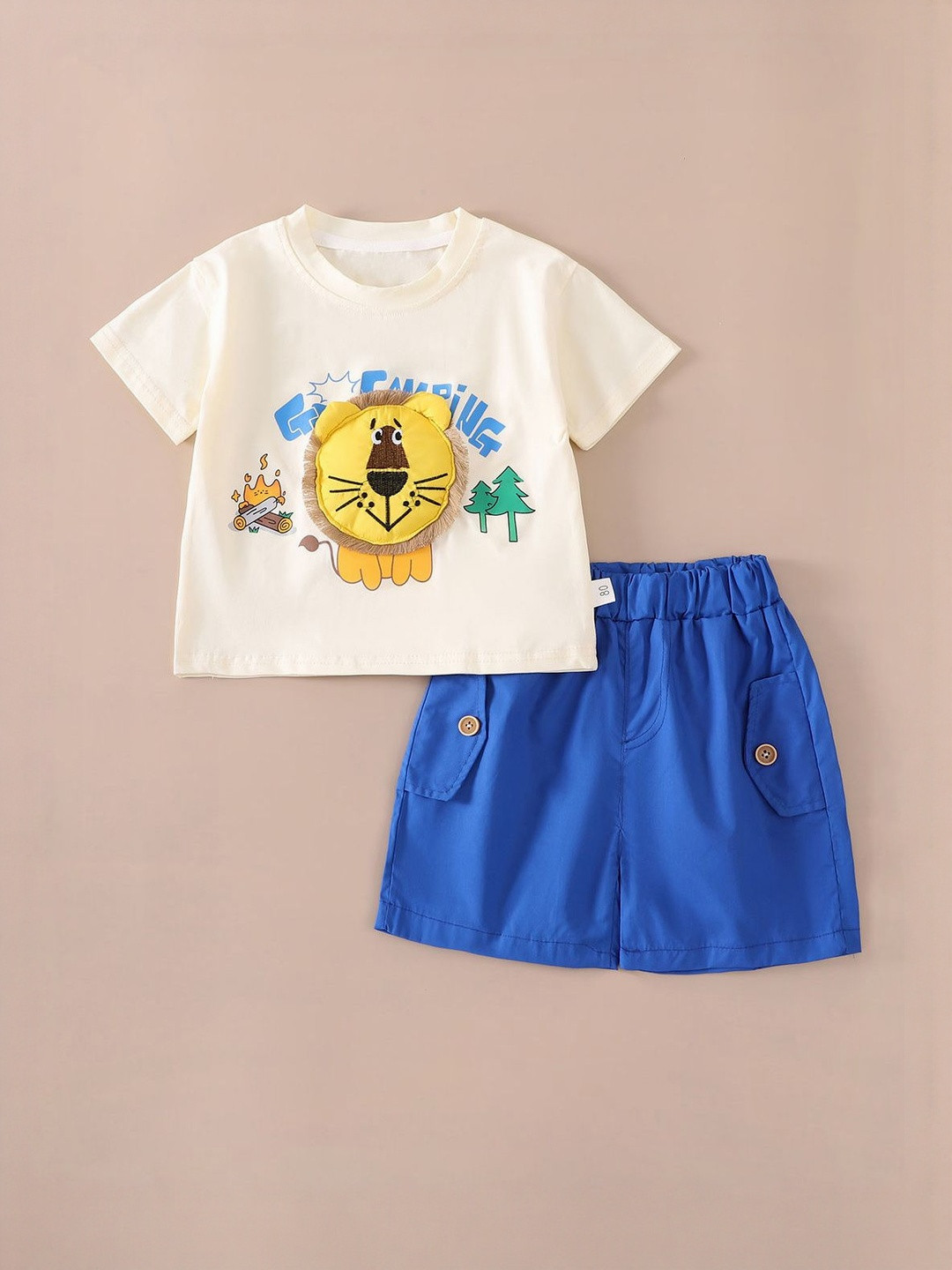 Hopscotch Boys Printed 3D Lion Applique T-shirt with Shorts
