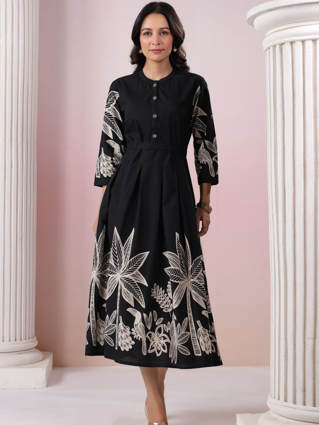 KALINI Women Black Printed Silk Fit and Flare Dresses