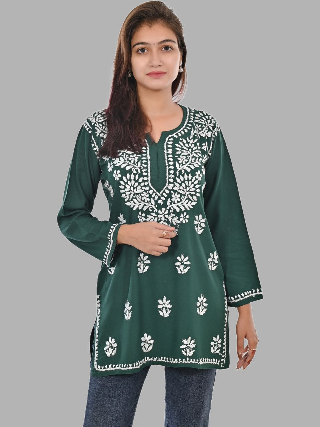 MALABIS Women Bottle Green Rayon Chikankari Ethnic Short Top