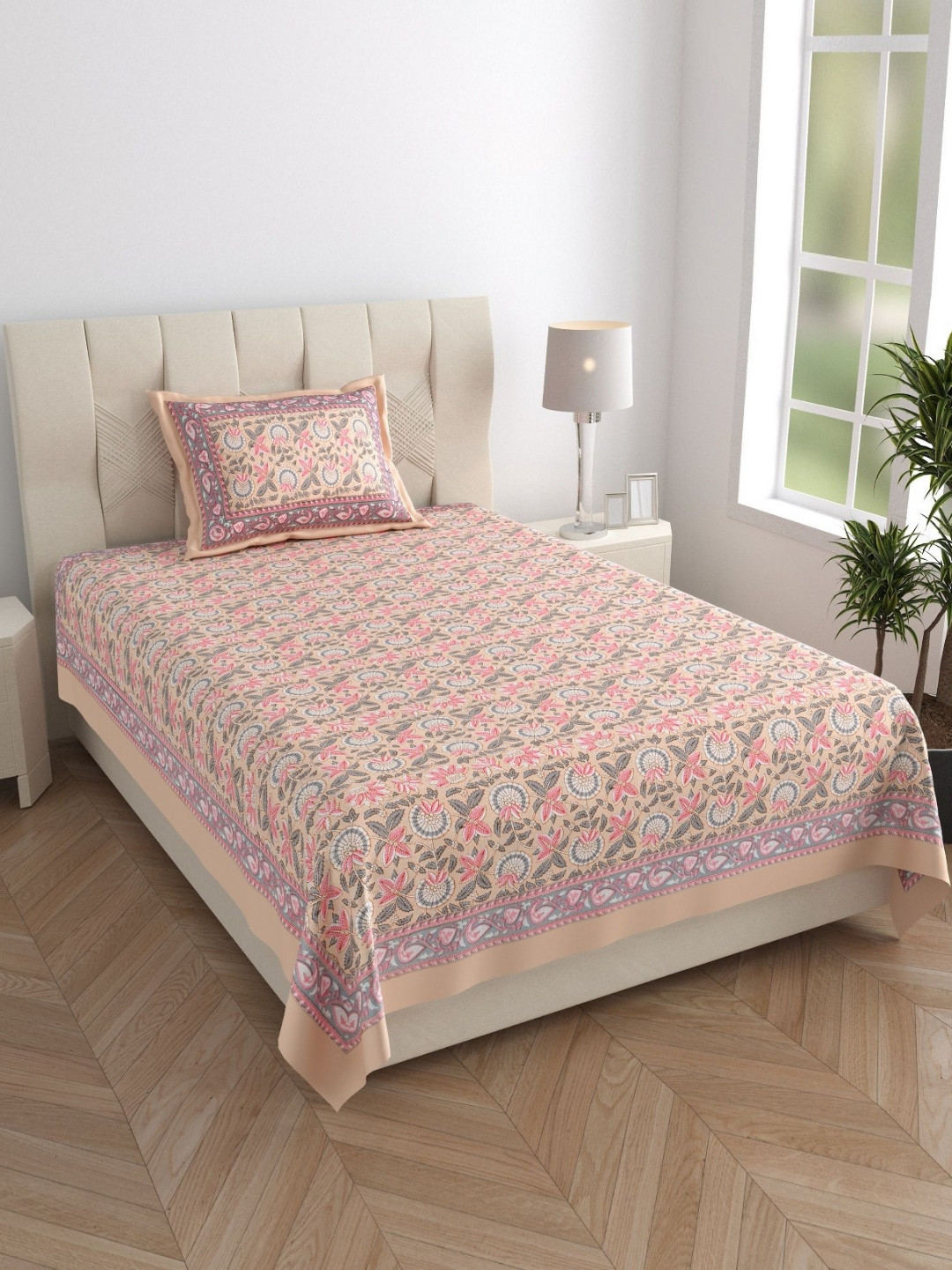 Texstylers Pink & Green Printed 210 TC Cotton Single Bedsheet  1.52 m X 2.29 m