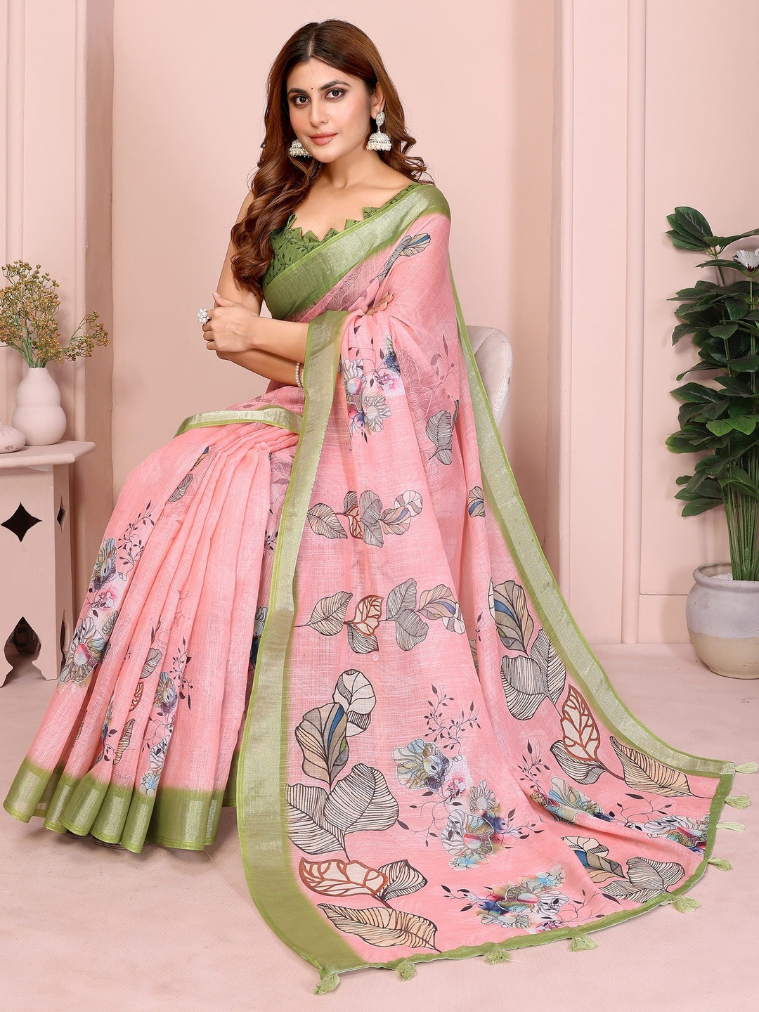 KALINI Pink Printed Linen Blend Bhagalpuri Sarees