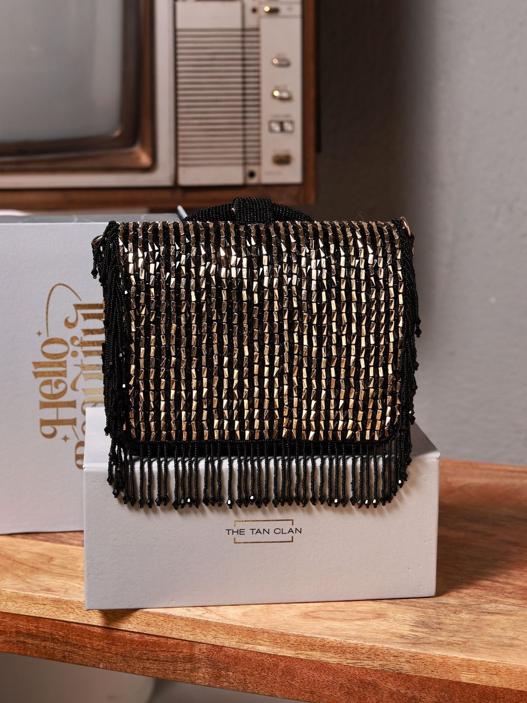 THE TAN CLAN Embroidered Suede Foldover Clutch