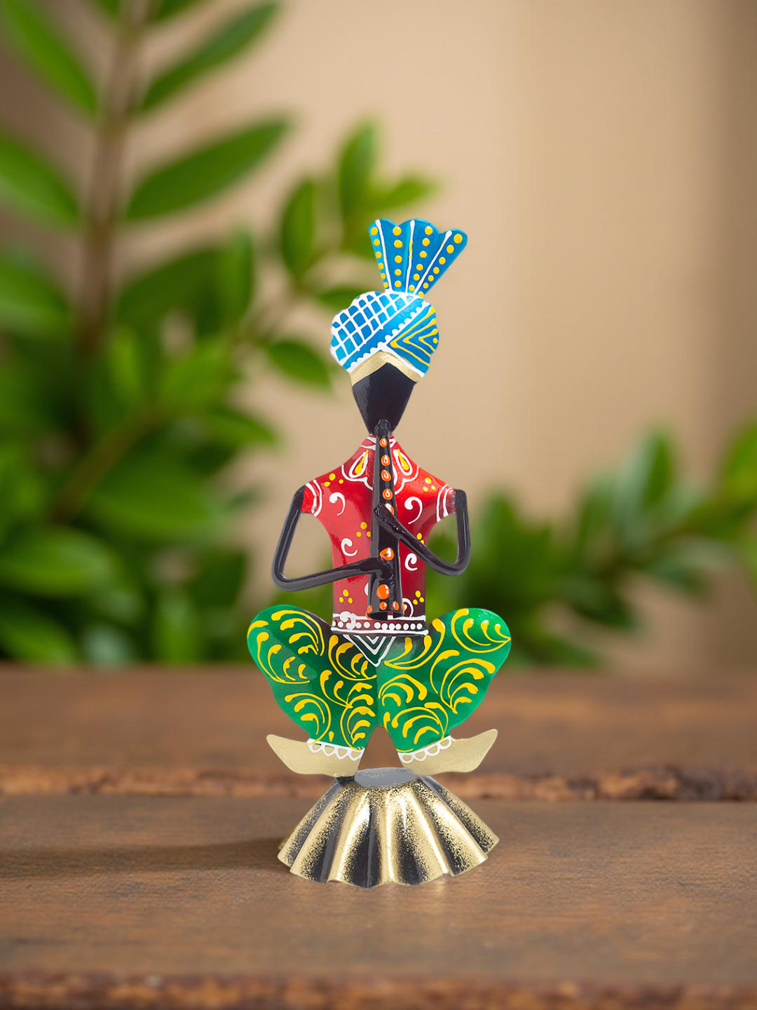 Golden Peacock Tribal Red Metal Metallic Living Room Hand-Crafted Medium Showpiece - 8.3 Inches