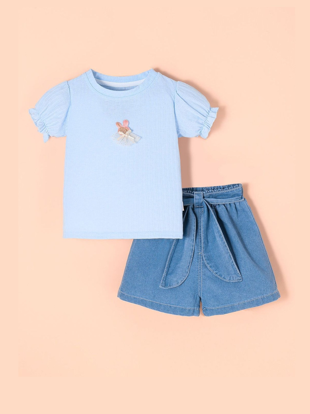Hopscotch Girls 2 Piece Puff  Applique Denim Short Set