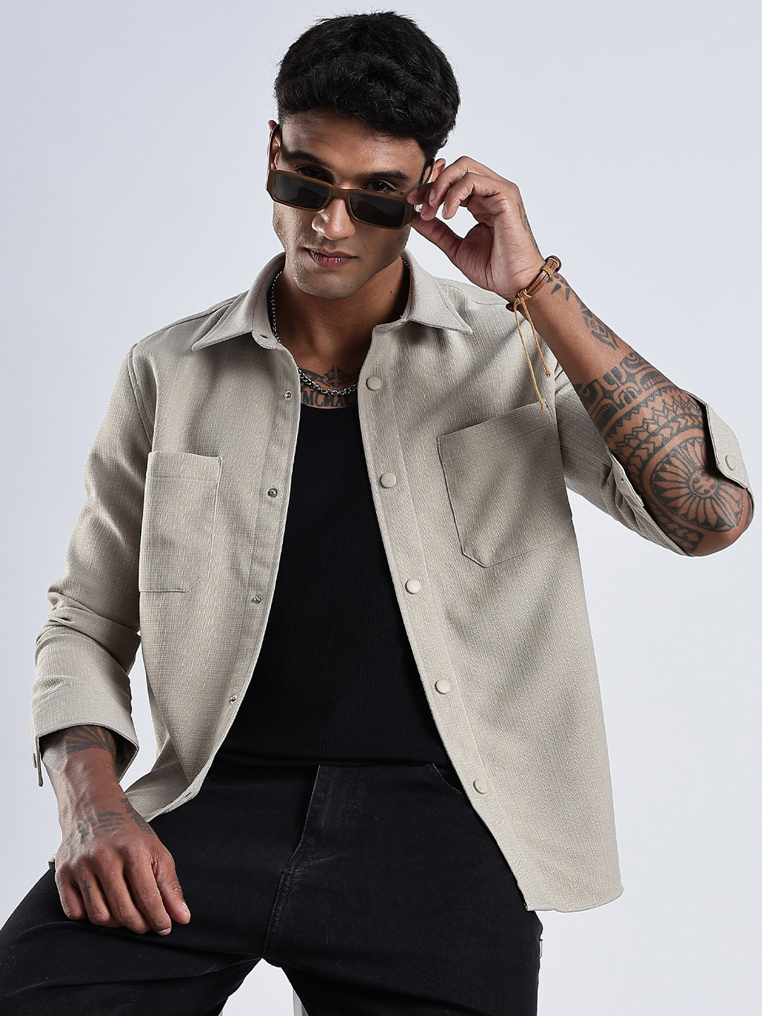 THE BEETEL HOUSE Men Linen Regular Slim Fit Casual Shackets Shirt