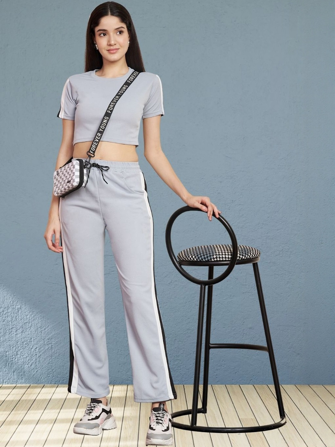 Moda Rapido Women Grey Cotton Lycra Blend Solid Crop Top & Pants