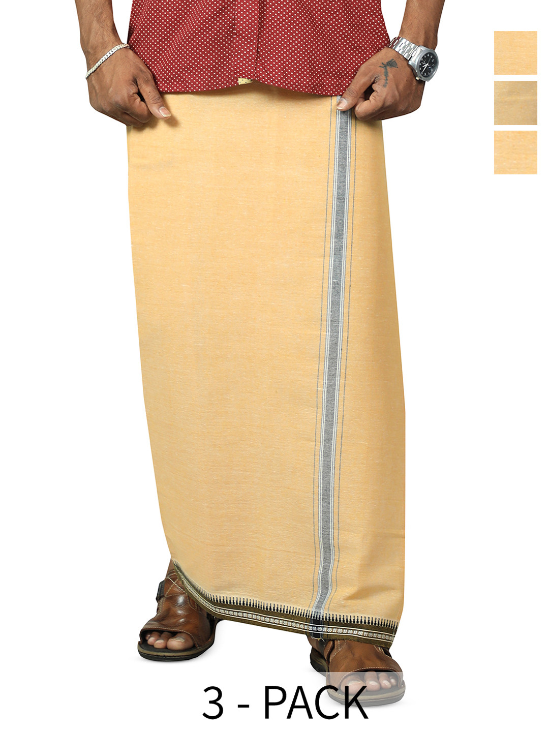 PRAKASAM COTTON Men Selection Of 3 Thalapathi Border Dhoties - 2mtr