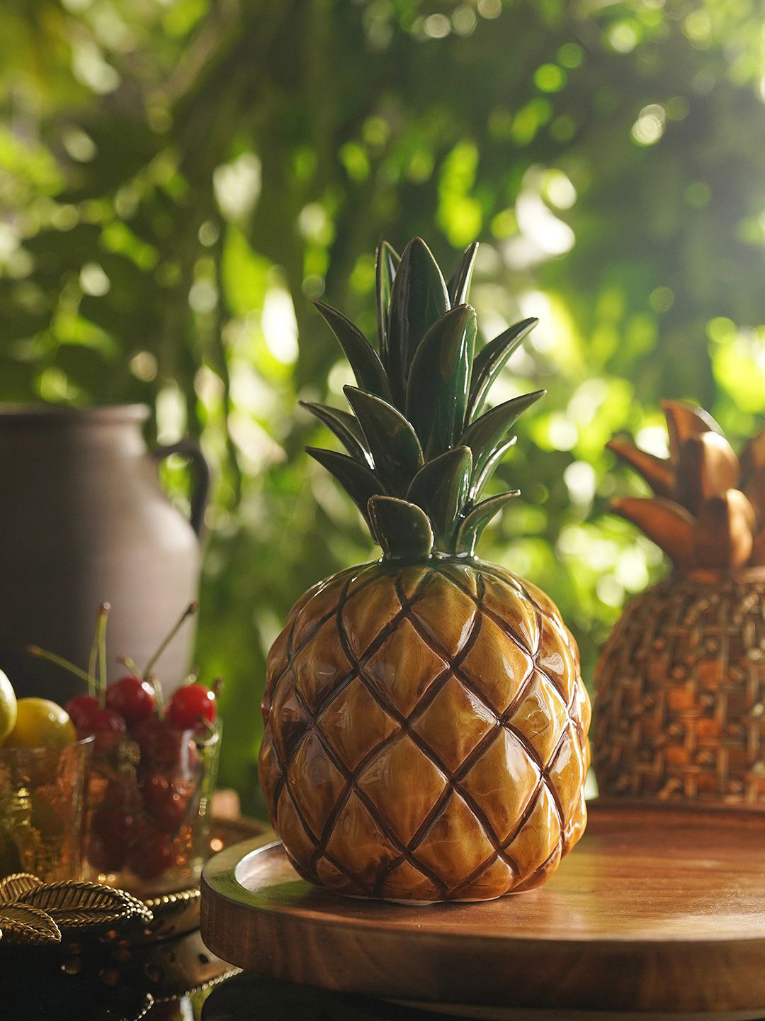 Pure Home and Living Green & Mustard-Yellow Ceramic Pineapple Decor Showpiece
