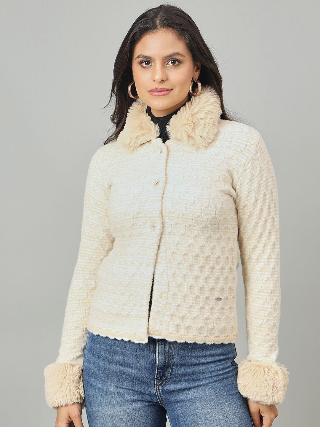 Duke Women Self Design Fur Detail Shirt Collar Long Sleeves Cardigan