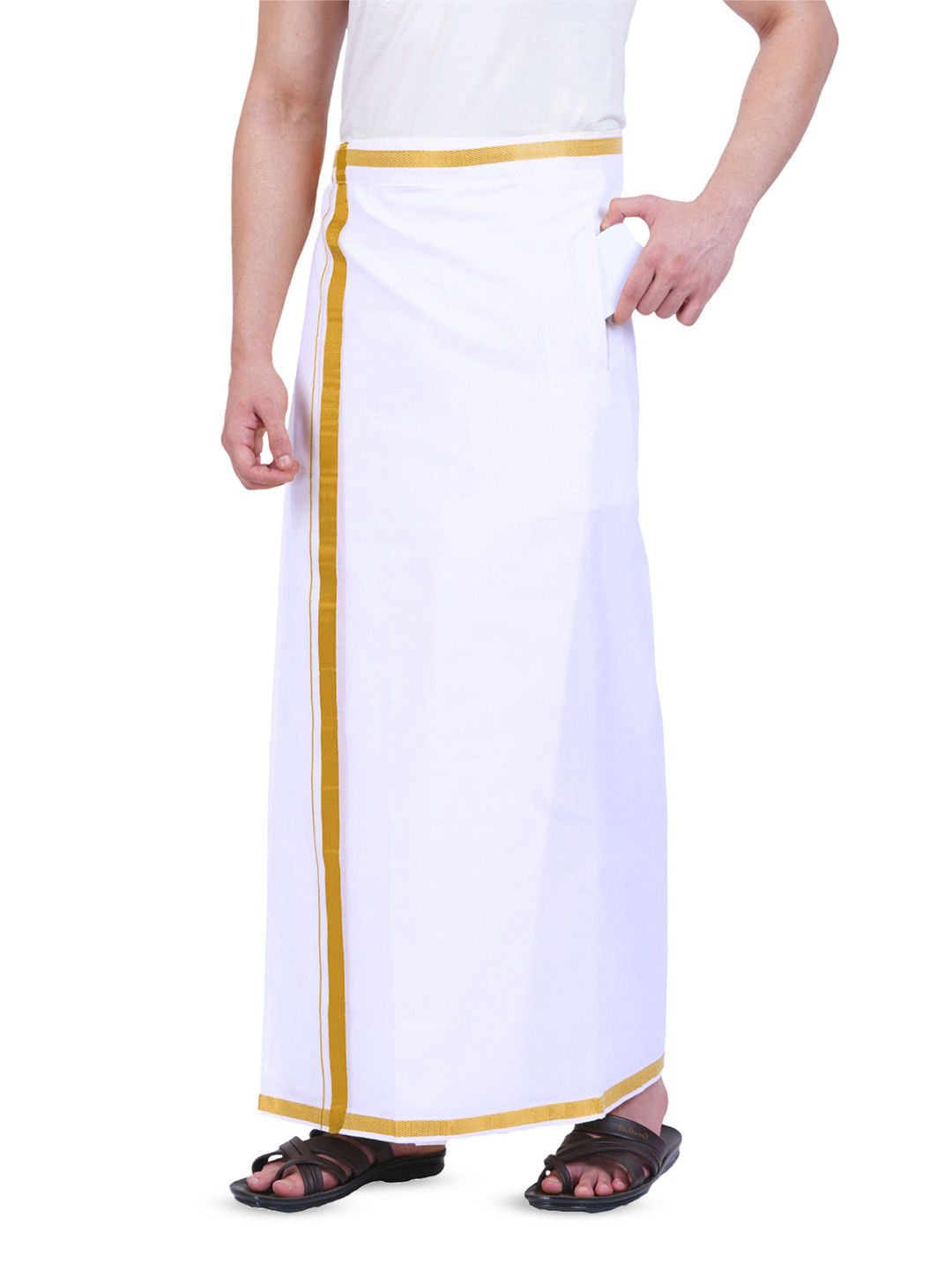 PRAKASAM COTTON Men Stitched White Dhoti With Jari Border