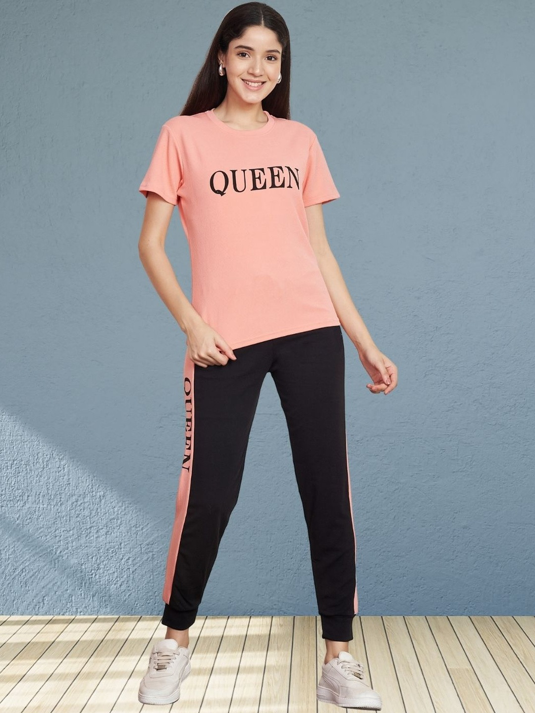 Moda Rapido Women Pink Cotton Lycra Blend Queen Letter Print Tracksuit