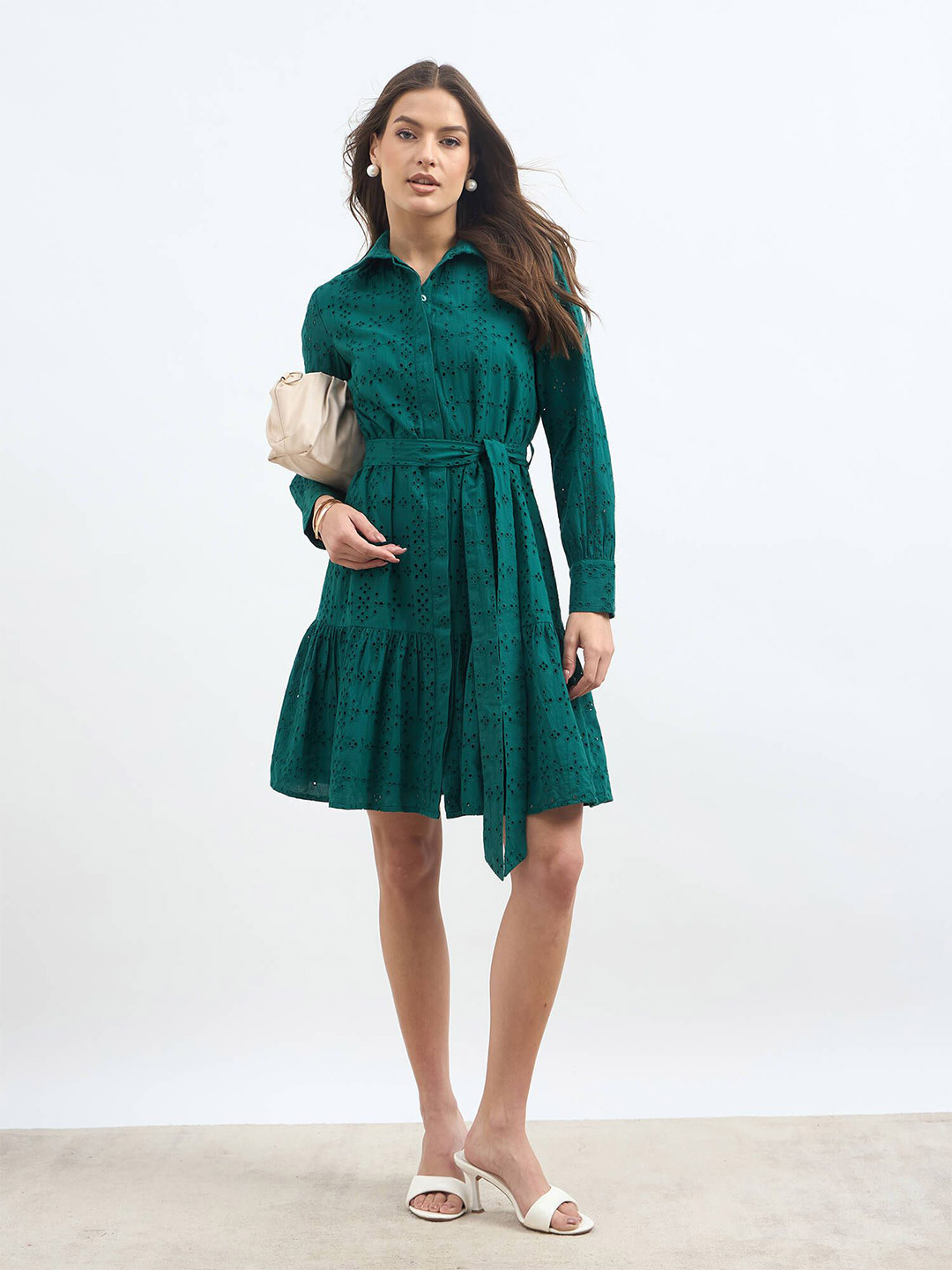 SALT ATTIRE Betsy Women Cotton Schiffli Tiered Belted Shirt Dress
