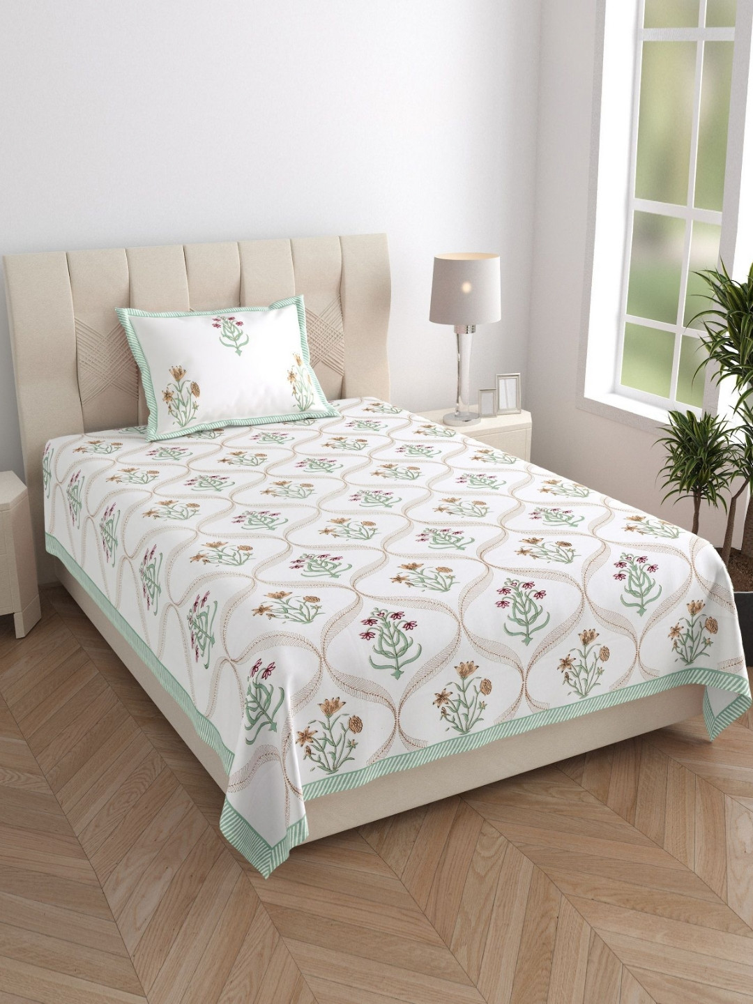 Texstylers White Floral Printed 210 TC Pure Cotton Single Bedsheet Set- 1.52 m X 2.29 m