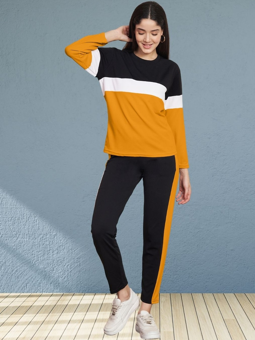Moda Rapido Women Yellow Cotton Lycra Blend Striped Tracksuit