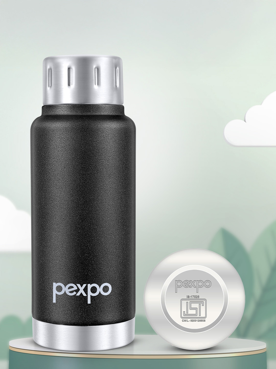 Pexpo Cameo Black Thermosteel Hot & Cold Upto 8 Hrs Knight Insulated Water Bottle 300ml