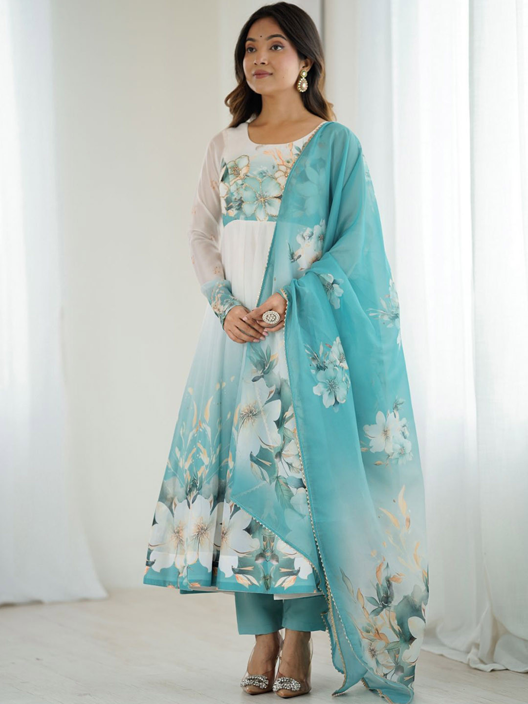 Fusionic Floral Printed Organza Anarkali Kurta With Trousers & Dupatta