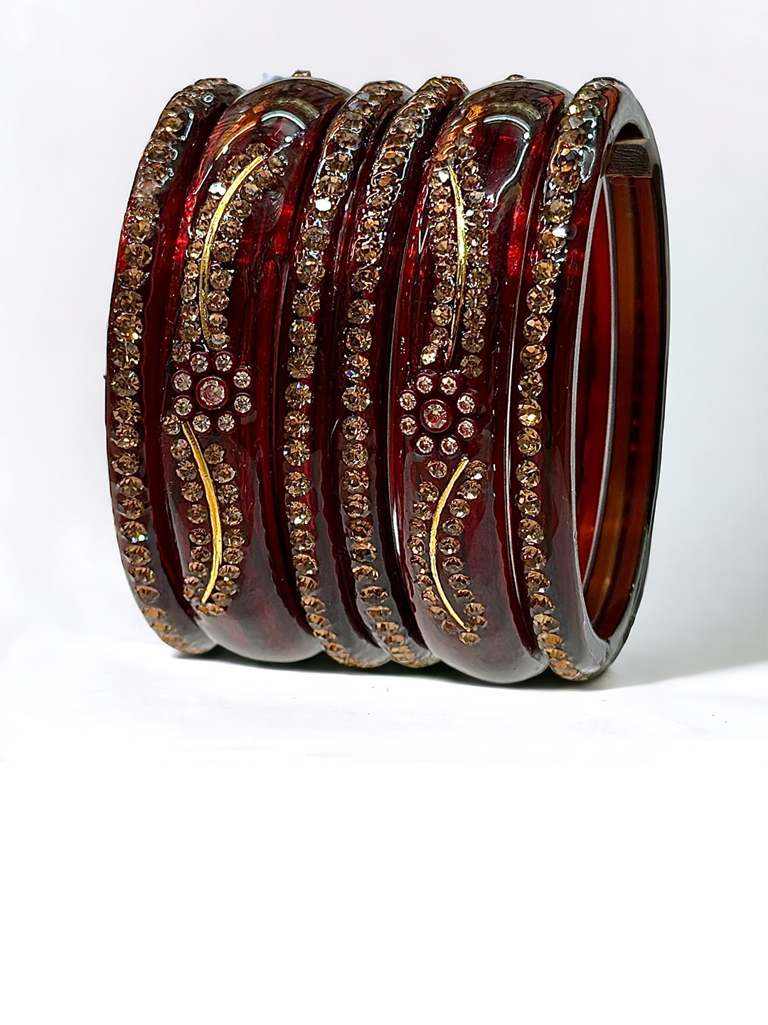 Traditional Women Set Of 2 Maroon Glass With Zircon Stones Bangles