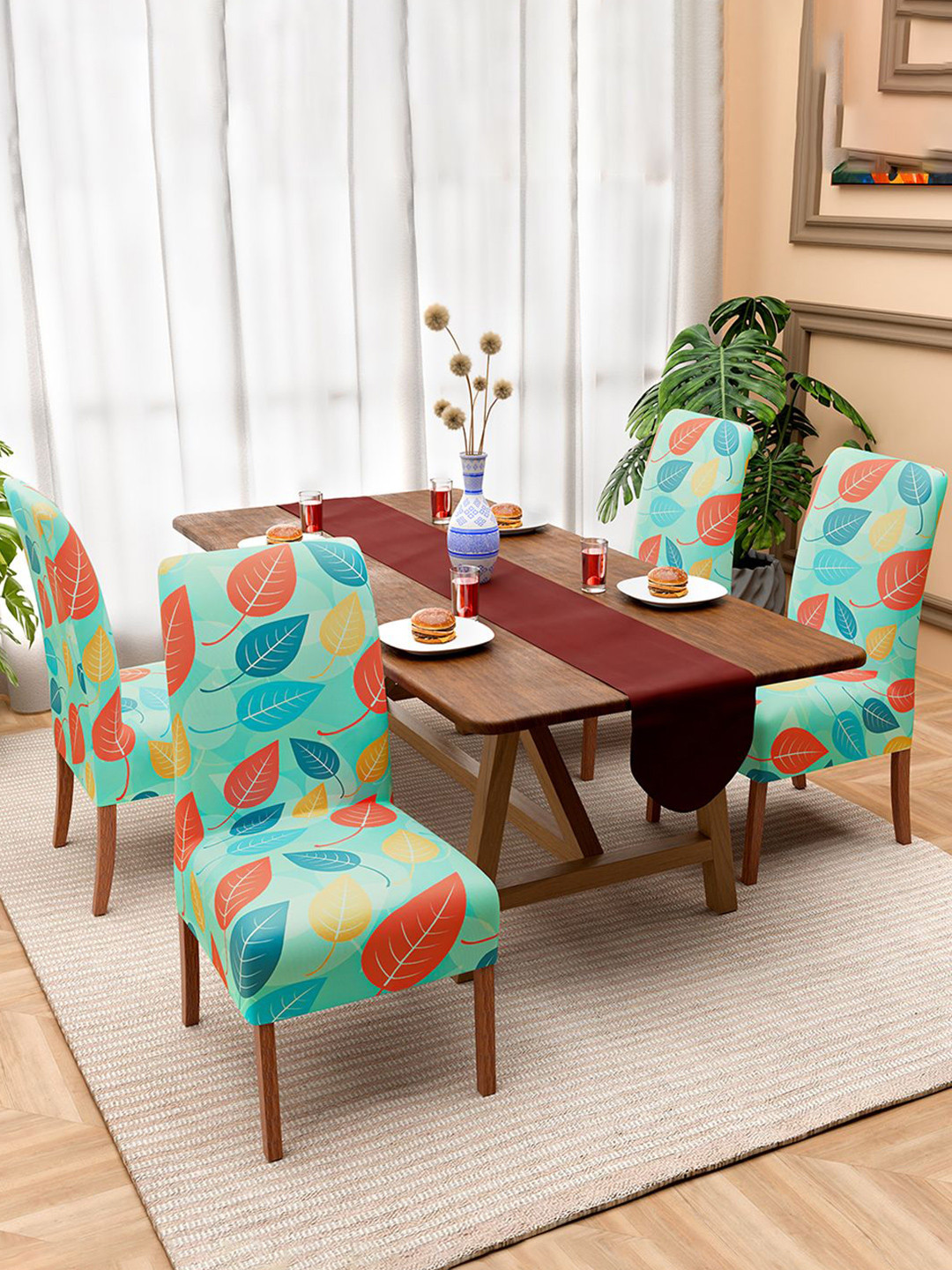 Kuber Industries Set Of 4 Leaf Printed Stretchable Chair Covers