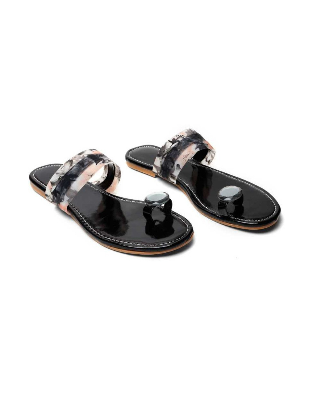 Kenila Women Black Printed Ethnic One Toe Flats